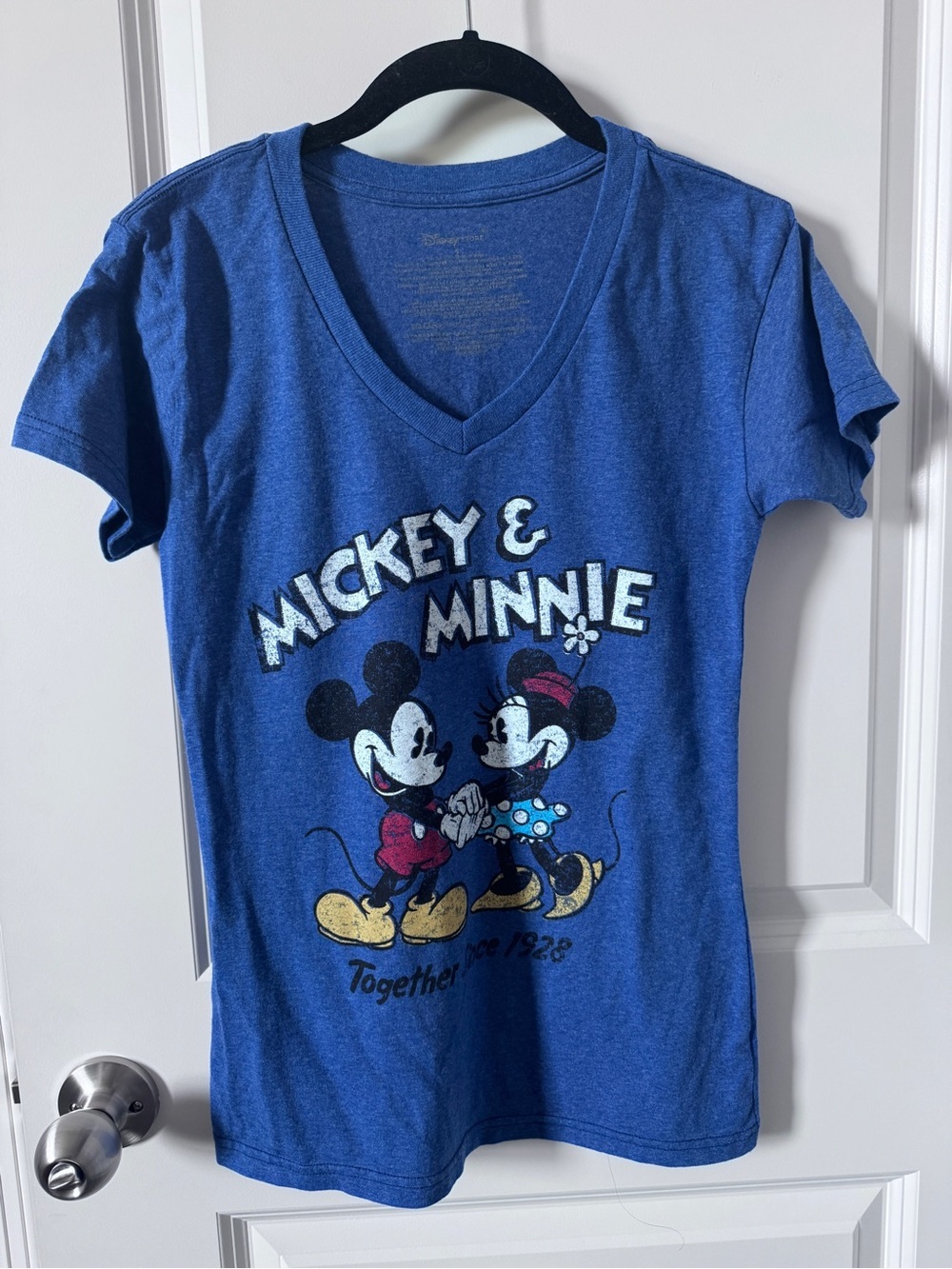 Disney Blue Mickey & Minnie Graphic V-Neck Tee-Small